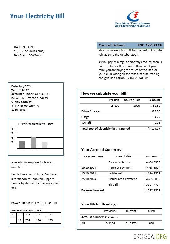 Modèle de facture de services publics d'entreprise de preuve d'adresse d'électricité en Tunisie aux formats Word et PDF